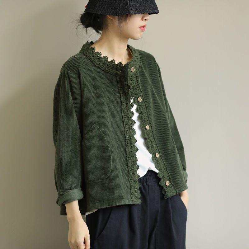 Plus Size Women's Loose Literary Long Sleeve Crew Neck Jacket Spring Solid Color Corduroy with Lace Trim Versatile Short Outerwear