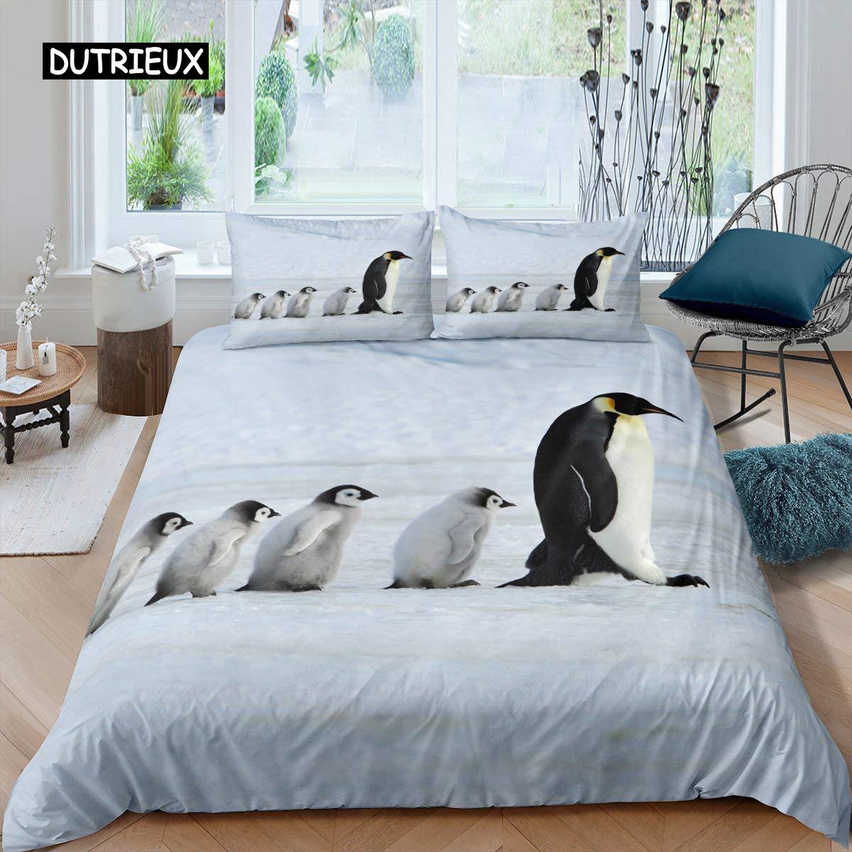 Pinguïn Dekbedovertrek Set Antarctische Dieren Beddengoed Set voor Kinderen Jongens Meisjes Cartoon Stijl King Size Winter Thema Dekbedovertrek EU single(135x200cm)