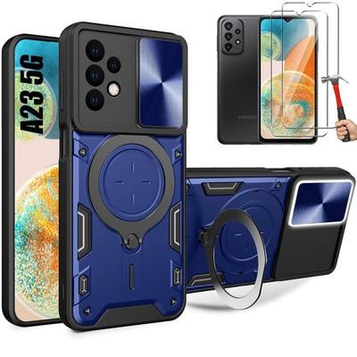 Case for Samsung Galaxy A23 5G - Navy Blue - Metal Stand - Camera Protection - 2 Tempered Glasses