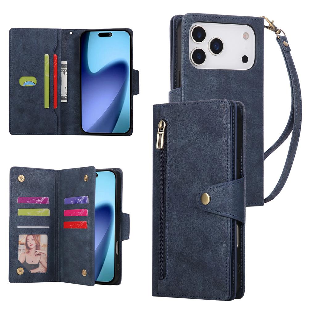 For iPhone 17 Pro Case Zipper Wallet Rivet Decor Leather Phone Cover with Wrist Strap