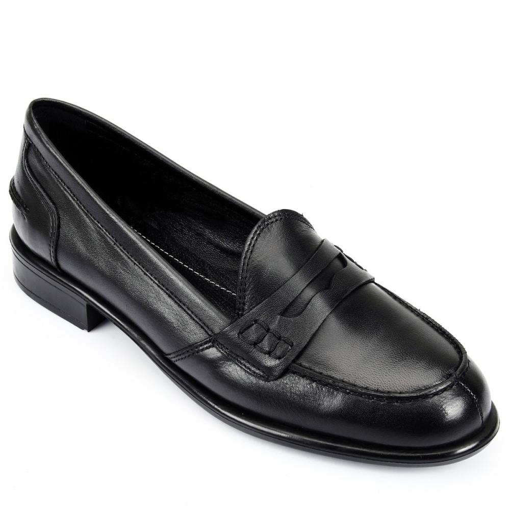 Genuine Leather Black Round Toe Short Heeled Loafer Women's Casual Shoes