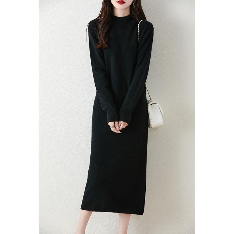 Autumn Winter Women's Wool Long Dress Cashmere Mock Neck Pullover Sweater Soft Knitwear OL Simple Basic Dress