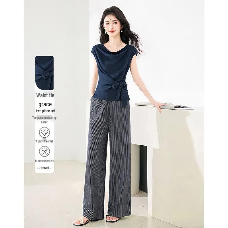 Women's Elegant Tie-Sleeve Top & Striped Pants Set