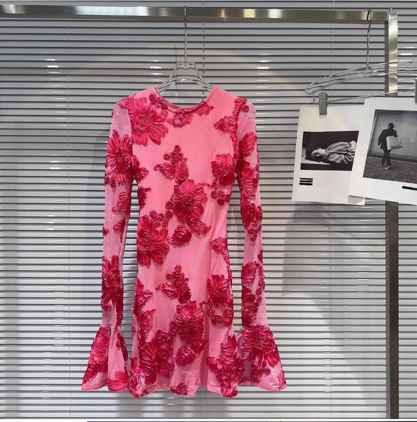 Floral Embroidered Backless Halter Dress with Trumpet Sleeves