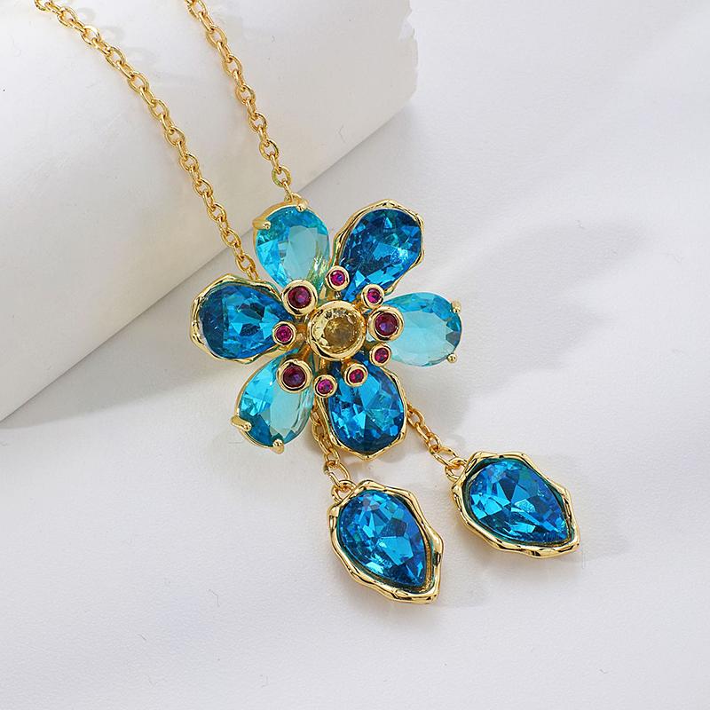 Gold Plated Copper Alloy Crystal Flower Tassel Necklace Link Chain Trendy Marquise Rhinestone Pendant for Women Party Jewelry 88cm/34.65inch&Trendy