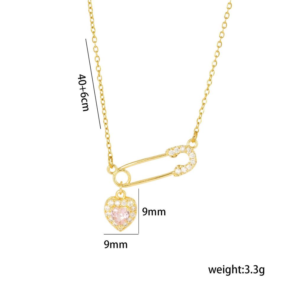 Women's Zircon Safety Pin Heart Pendant Necklace - Luxury Titanium Steel Chain