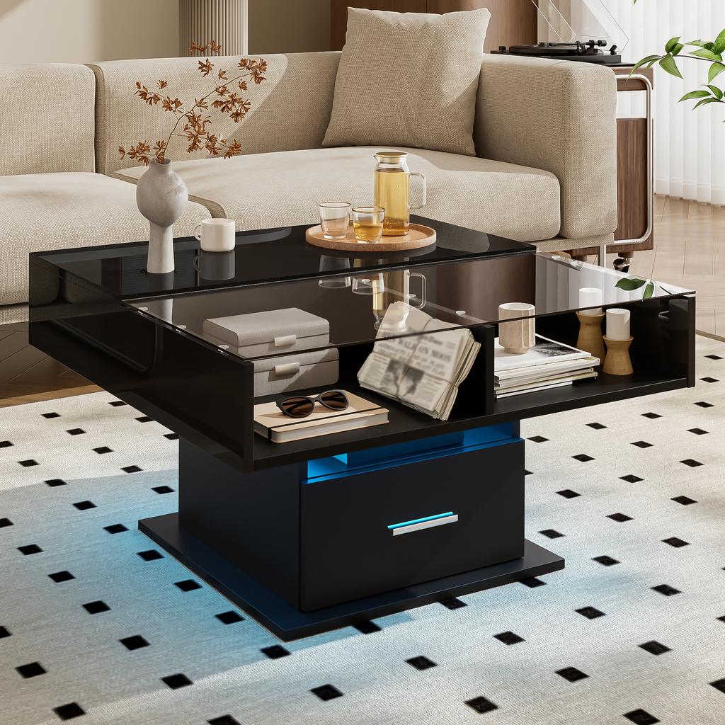 Multifunctional High-Gloss Lift Coffee Table with LED Lighting, Adjustable Height & Flexible Storage for Living Room, Office & Small Apartments