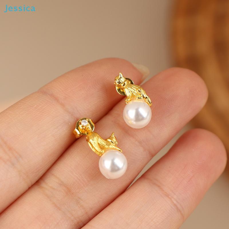 Asymmetrical Gold Cat Pearl Earrings – Cute Animal Design Stud Earrings for Women & Cat Lovers