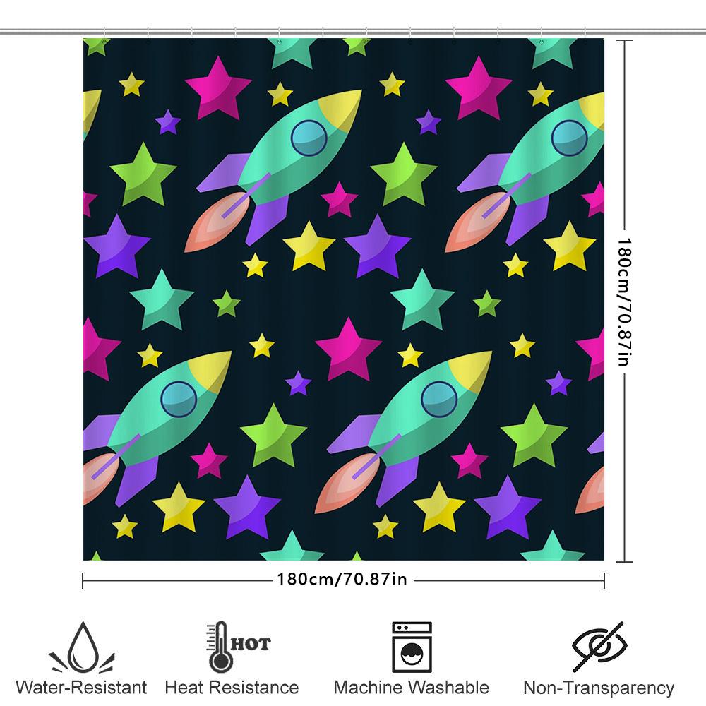 Brightly Colored Rocket Ships Shower Curtain For Kids Bathrooms Waterproof Fabric Print Decorative Bathroom Accessories Set Incl