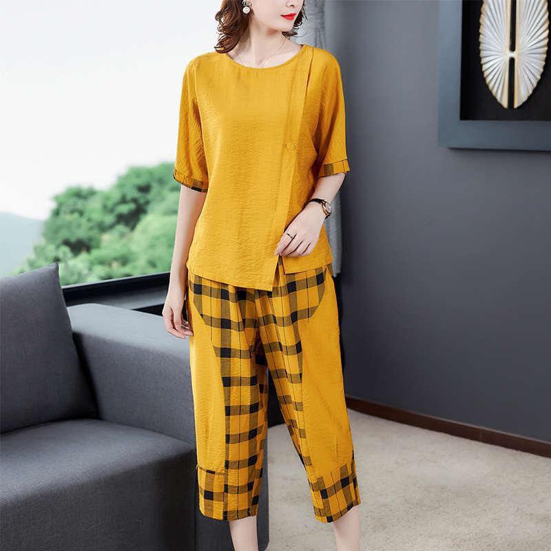 Loose Plus-size Plus-size Mom Summer Set, Women's 1116 New Slimming Fashionable Trendy Plaid Two-piece Set