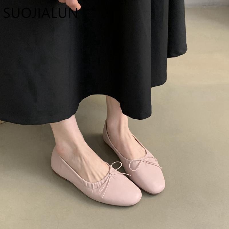 Mode SUOJIALUN 2024 Printemps Nouveauté Femmes Mocassins Mode Plats Bout Rond Nœud Coulissant Ballerines Chaussures Souples Plates Dames Décontracté Robe Ballet Sh