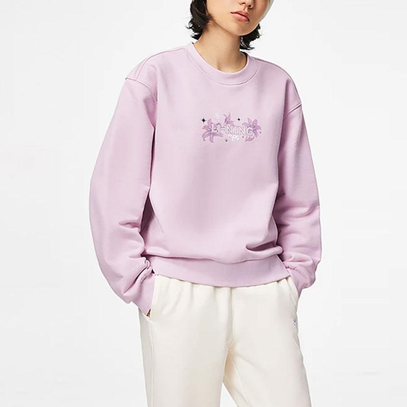 Li Ning Sports Lifestyle Series Letter Print Fleece Warm Loose Pullover Sweatshirt Women Sweatshirt Lotus-Pink Purple AWDT816-5