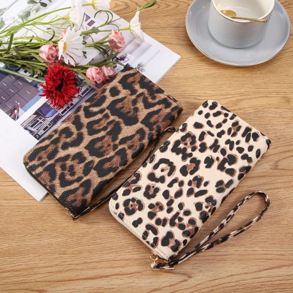New Leather Leopard Print Wristlet Wallet Long Vintage Credit Card Wallet Zipper Coin Pocket Women
