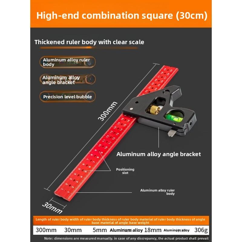 Heavy Duty Stainless Steel Combination Square 90° High Precision Woodworking Adjustable Angle Ruler Positioning Block