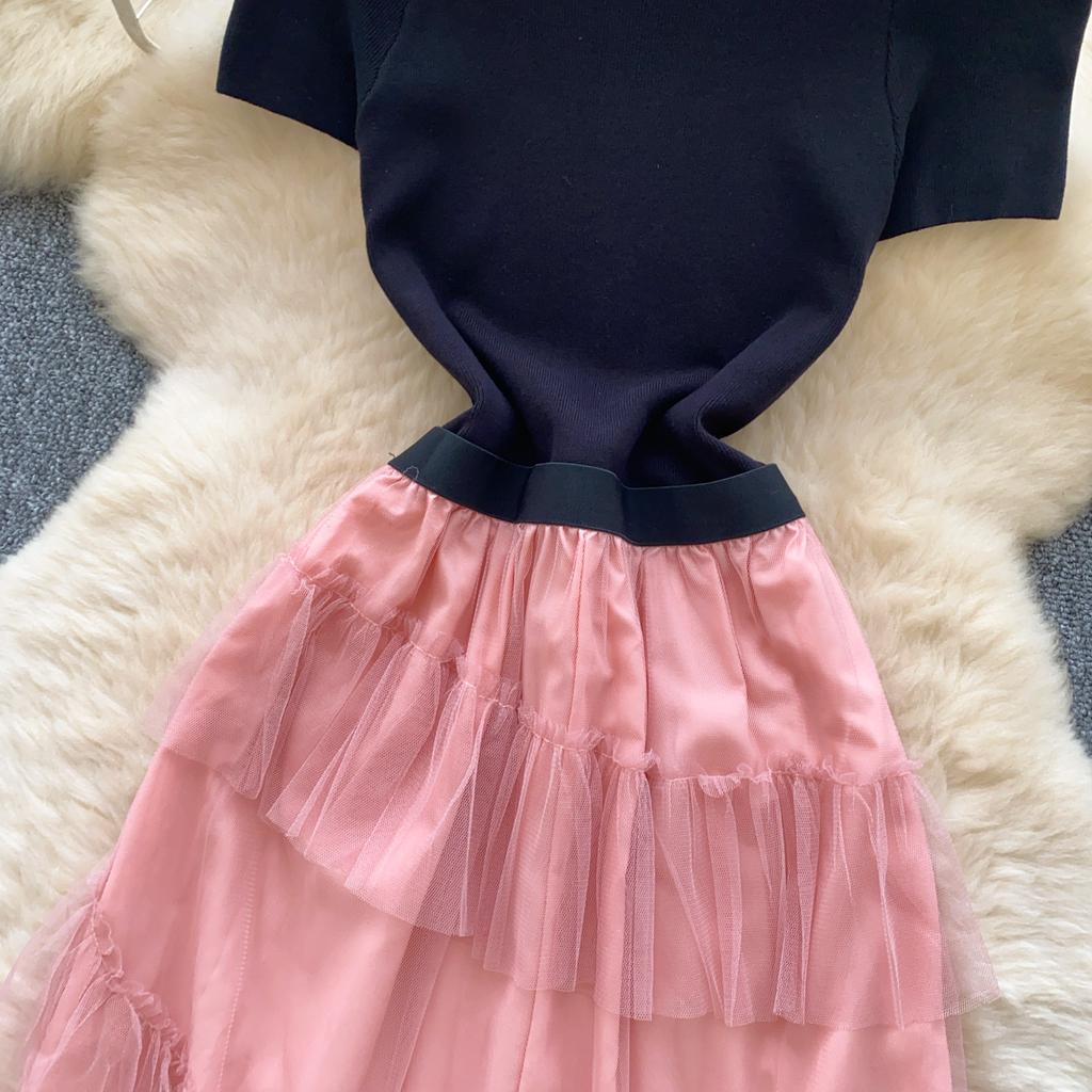 Suéter de punto elegante de verano para mujer, vestidos largos midi de tul con retazos de malla