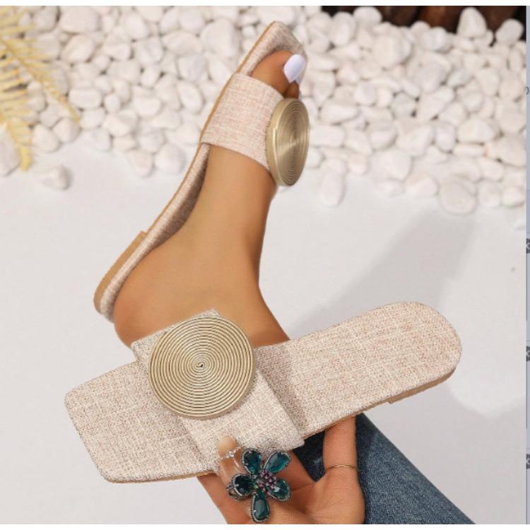 Women's Big Size Round Buckle Flat Bottom Casual Beach Sandal Slippers Summer Breathable Fashion Shoes for Outdoor