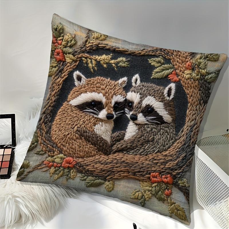 Raccoon Embroidery Cushion Covers Chair Living Room Pillowcase Cozy Zipper Sofa Pillow Covers Animal Bedroom Indoor Home Decor