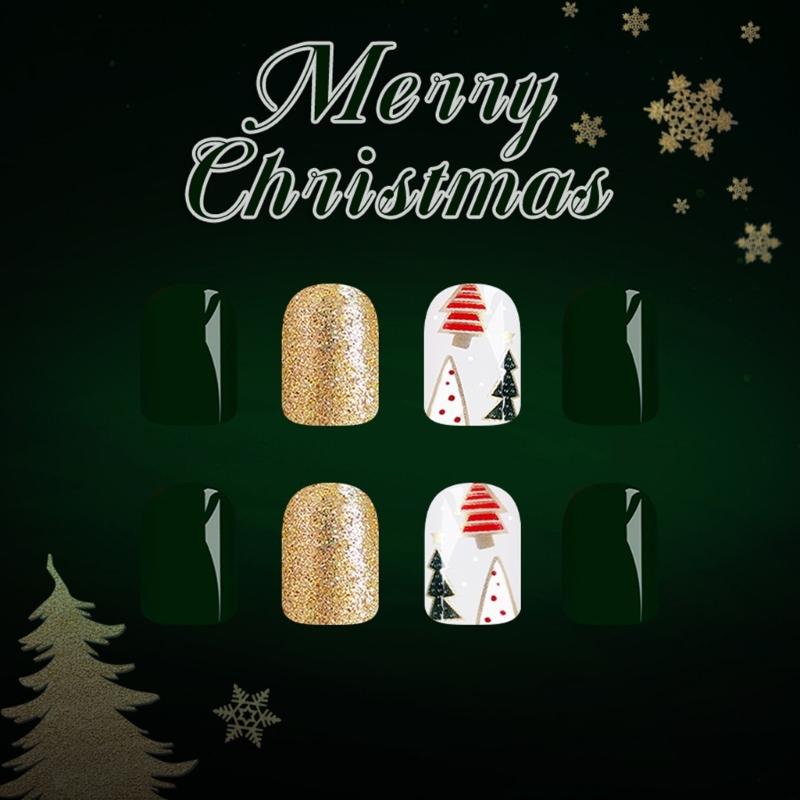 24Pcs Christmas Press On Nail Glittering Green Gold Design Fake Nail for Parties Christmas Theme Salon Quality