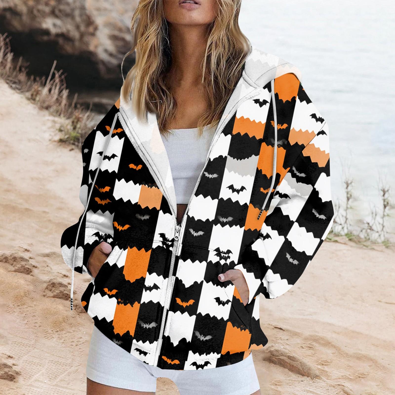 

Женская модная повседневная толстовка с принтом на Хэллоуин, длинный рукав с карманом, кардиган, куртка, пальто с капюшоном на молнии XL белый