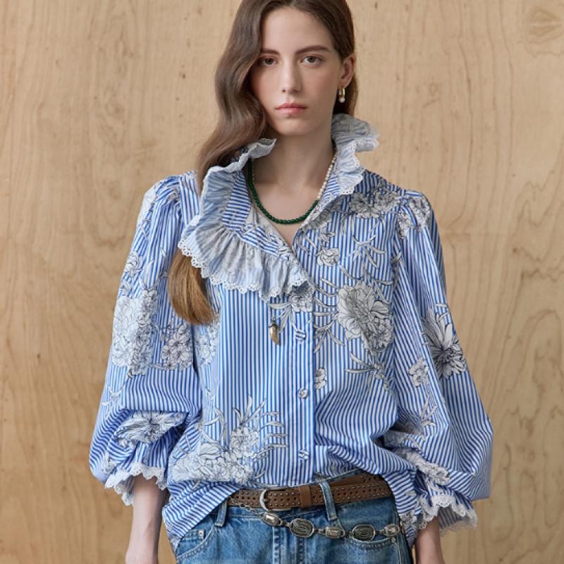 MAXZA Bluză cu dantelă florală, volane și dungi Ze05qb011na