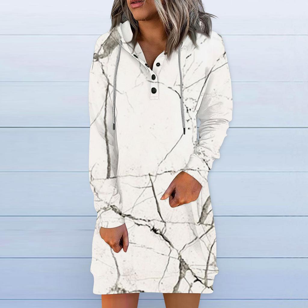 Damen Casual Hoodie Langarm Kordelzug Pullover Vintage Print Kleid
