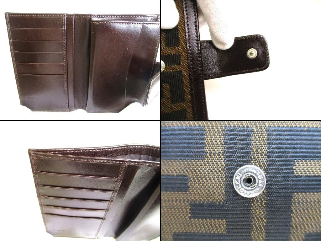 Authentic FENDI Zucca Khaki Canvas Brown Leather Bifold Wallet Compact Wallet #b174  Open box