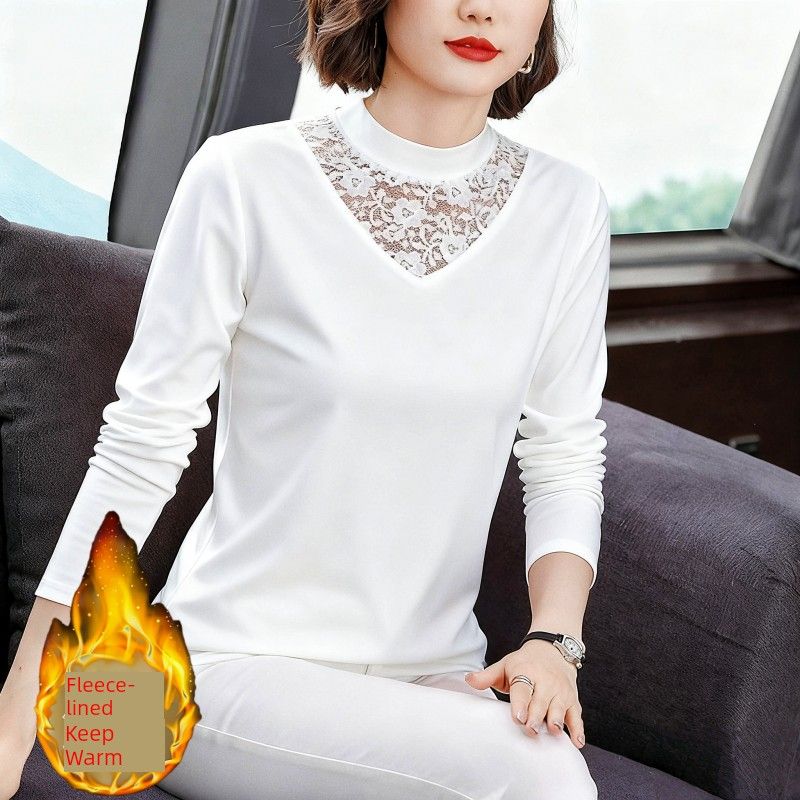 Pure Cotton Half-Turtleneck Lace Base Shirt for Women, New Spring, Autumn, and Winter Style, Fleece-Lined Long-Sleeve Slim-Fit Inner Top, Trendy