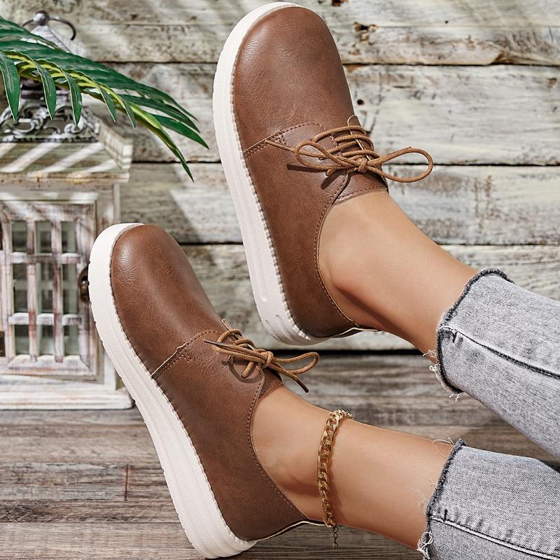 Fashion Lightweight Platform Flats Autumn New Round Toe Front Lace-Up Soft Sole Waterproof Non-Slip Low Top Shoes