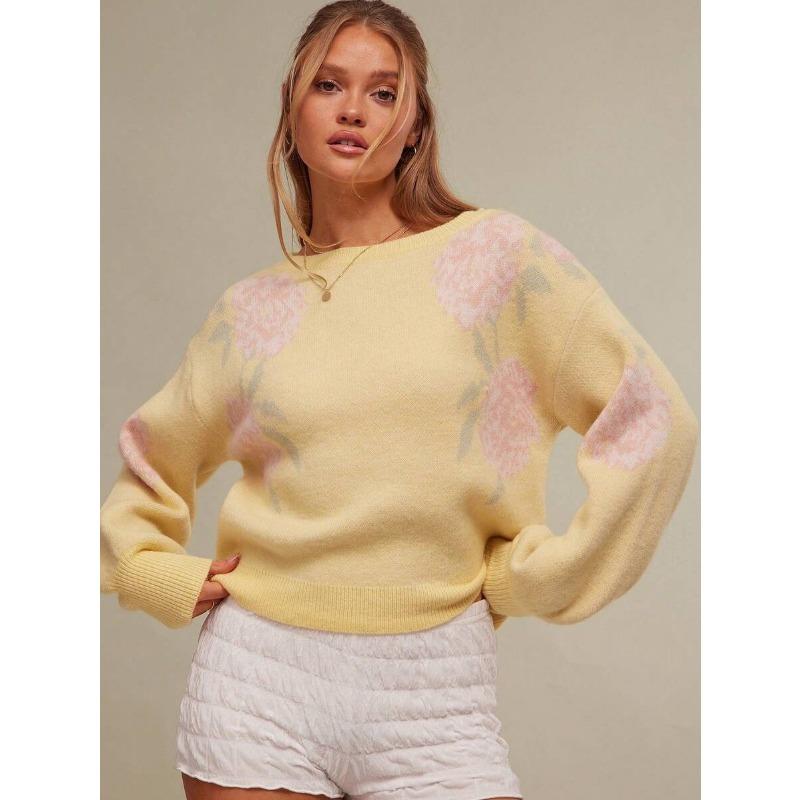 Women S Loose Round Neck Long Sleeve Knit Sweater Lazy Floral Pattern