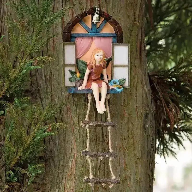 New Fairy House Tree Hanging Sculpture Window Ladder Resin Statue Figurine Outdoor Ornament Home Garden Supplies Yard Art Decor