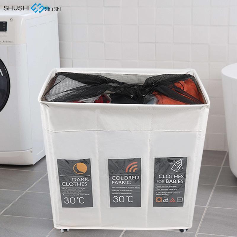 Junhao Three-Compartment Foldable Laundry & Toy Storage Basket with Silent Casters & Extended Handle
