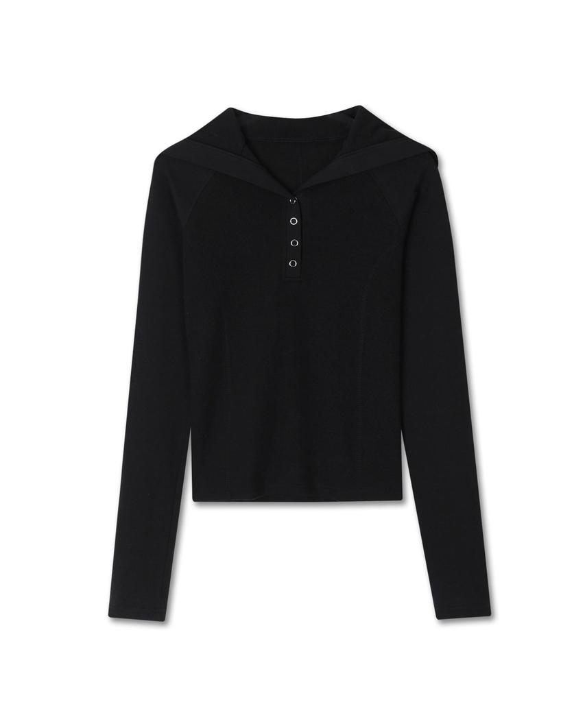 Michikoleondeonkosino Button-Up Collar Ribbed Top Black