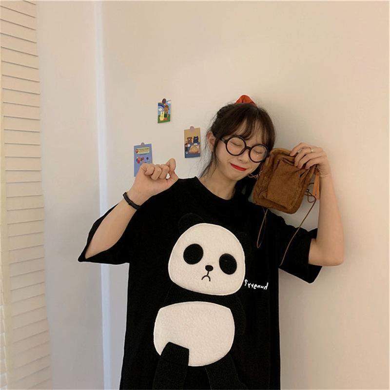 

Женская повседневная свободная футболка с круглым вырезом, лето 2024, корейская футболка с рисунком панды и вышивкой, длинная футболка с короткими рукавами, женская одежда, топы L чёрный