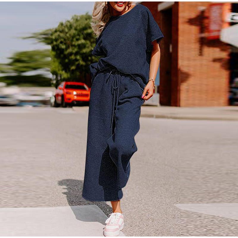 Sets for Women Summer Lounge Sets O-Neck Tops Wide Leg Crop Pants Vacation Travel Outfits