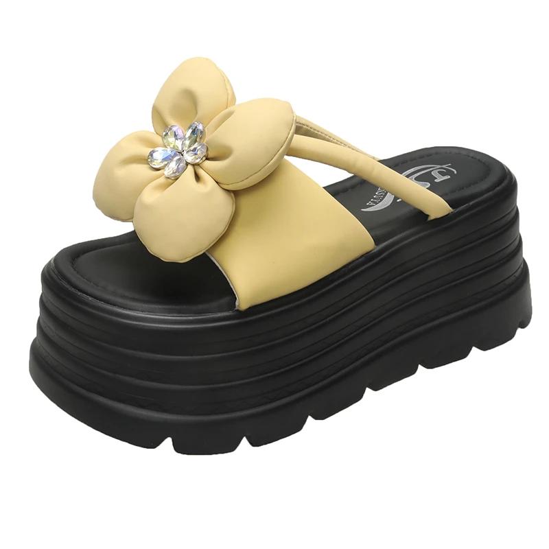 Fashion 8CM Platform Slippers Sandals Woman Bling Diamond Bowknot Thick Sole Slippers Women Chunky Flip Flops Summer Casual Beach Slides