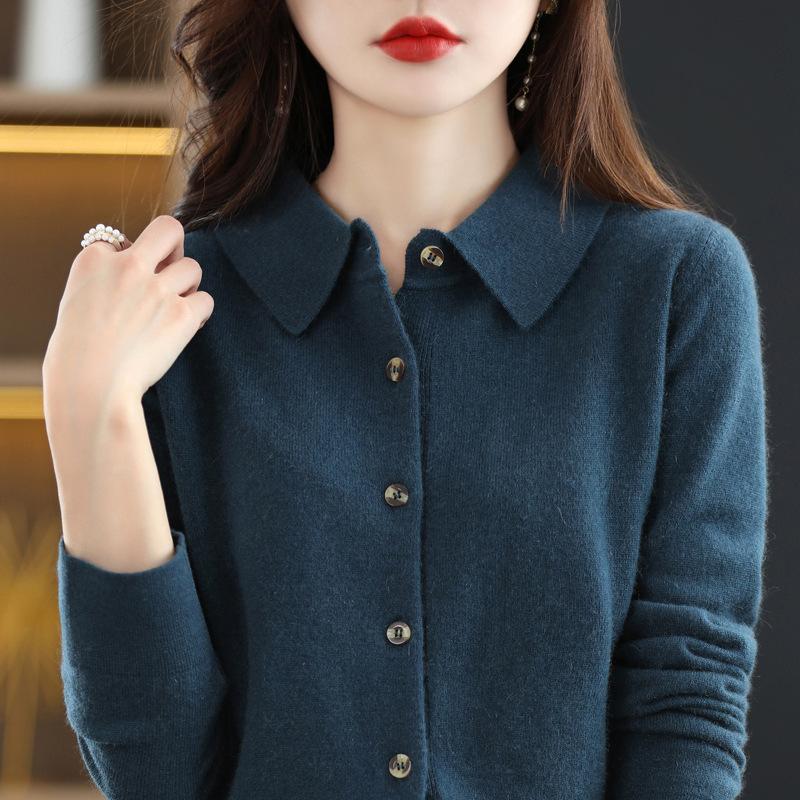 Spring and Autumn Winter POLO Neck Woolen Knitted Shirt with Loose Long-Sleeved Sweater Cardigan Temperament Lapel Coat Bottoming