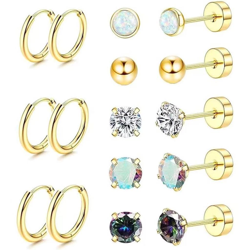 Stainless Steel Zircon Stud & Round Wire Earrings Set with Vacuum Electroplating Finish