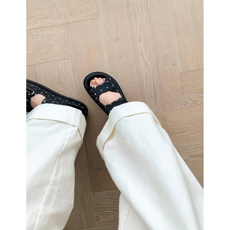 Sheepskin Version Su Yinyin Xiaoxiangfeng Velcro Leather Denim Casual Platform Sandals Women's Summer Wear Cool Slippers