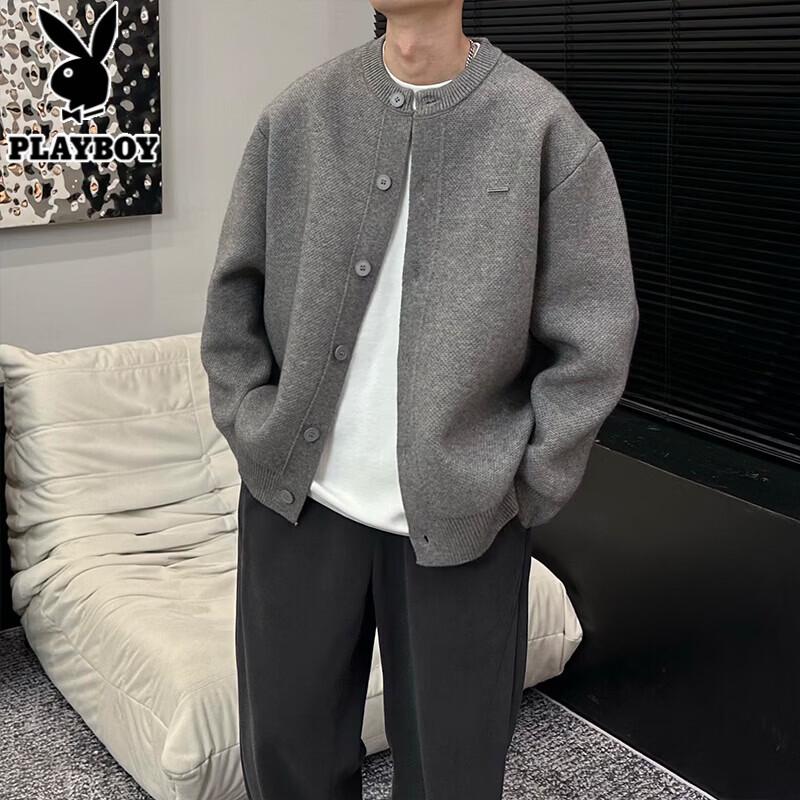 PLAYBOY Unisex Chunky Knit Baseball Collar Cardigan Sweater