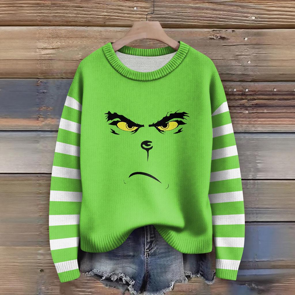 Long Sleeve Pullover Sweaters For Women O Neck Casual Cute Printing Knit Oversized Sweater