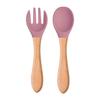 Child's Wooden Handle Silicone Fork & Spoon Set for Learning to Eat