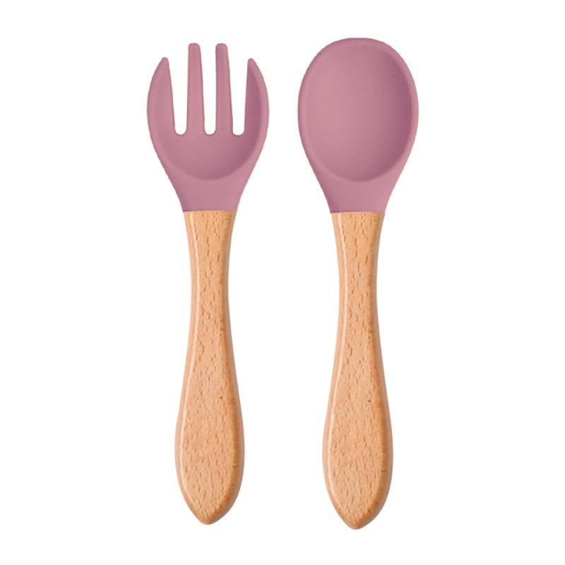 Child's Wooden Handle Silicone Fork & Spoon Set for Learning to Eat