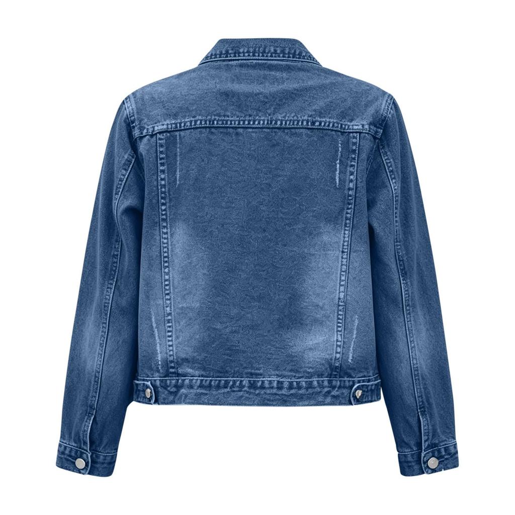 Women's Casual Long Sleeve Denim Jacket with Button Front, Lapel Collar and Multiple Pockets