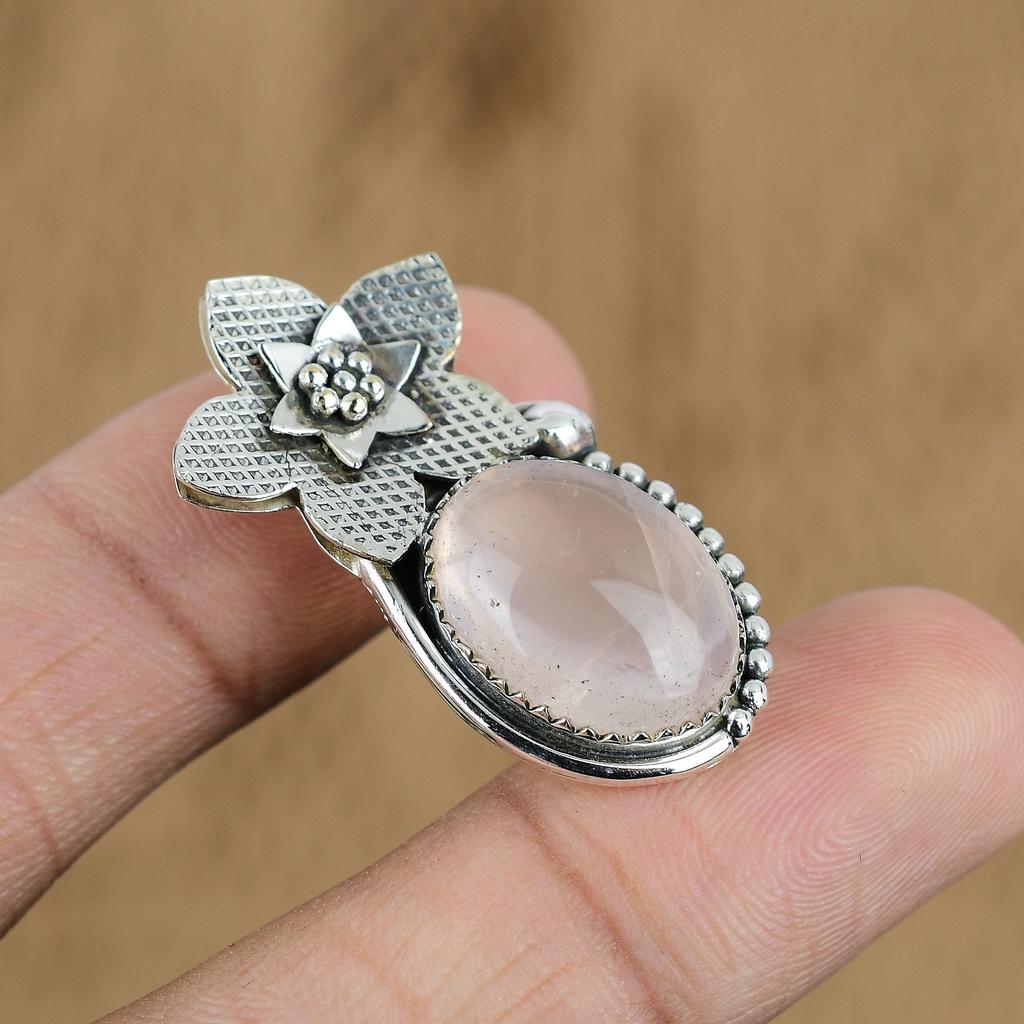 Natural Rose Quartz Gemstone 925 Sterling Silver Pendant Flower For Girls