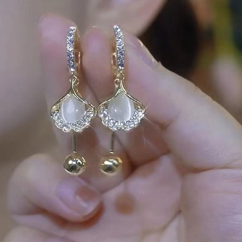 

1 пара элегантных серег с листьями гинкго и лунным камнем «кошачий глаз» для женщин, модные жемчужные серьги, праздничные ювелирные украшения, подарки