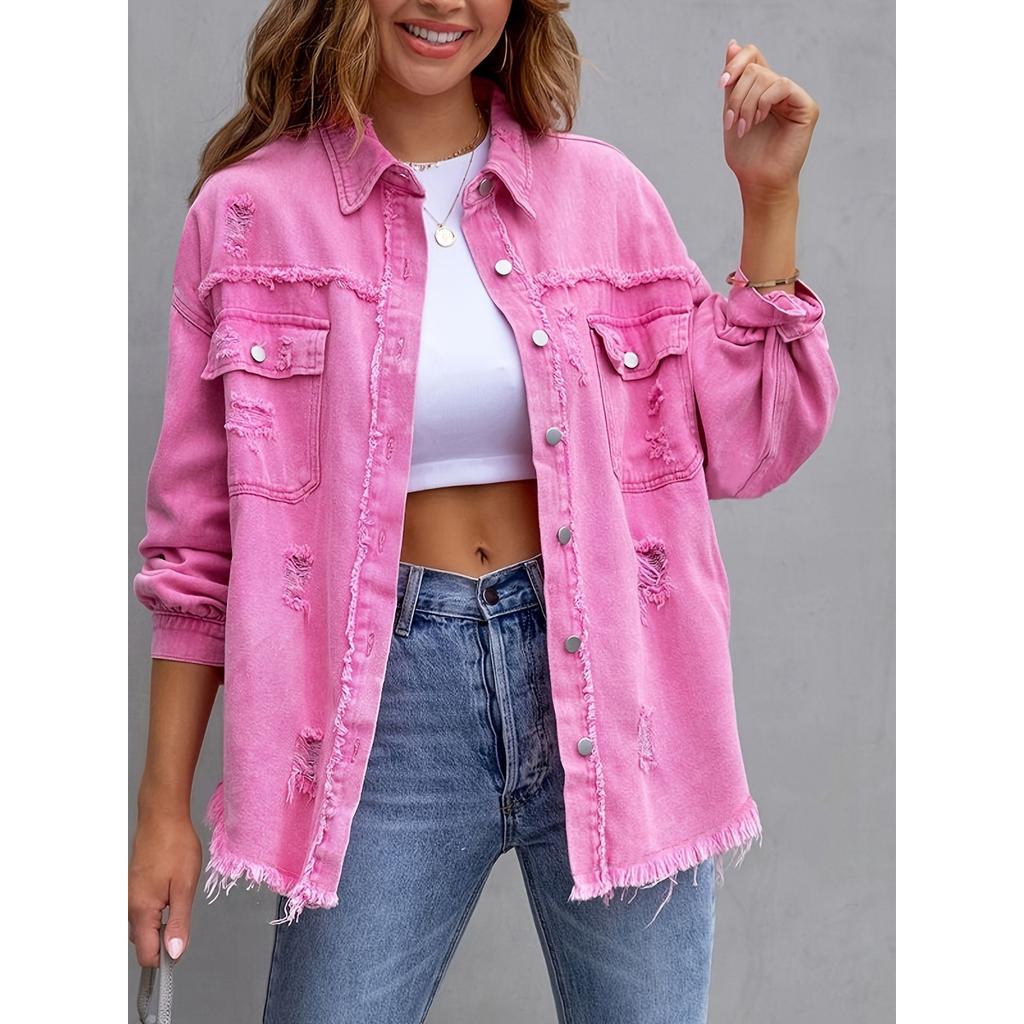 Plus-Size Women'S Loose Denim Jacket with Distressed Design