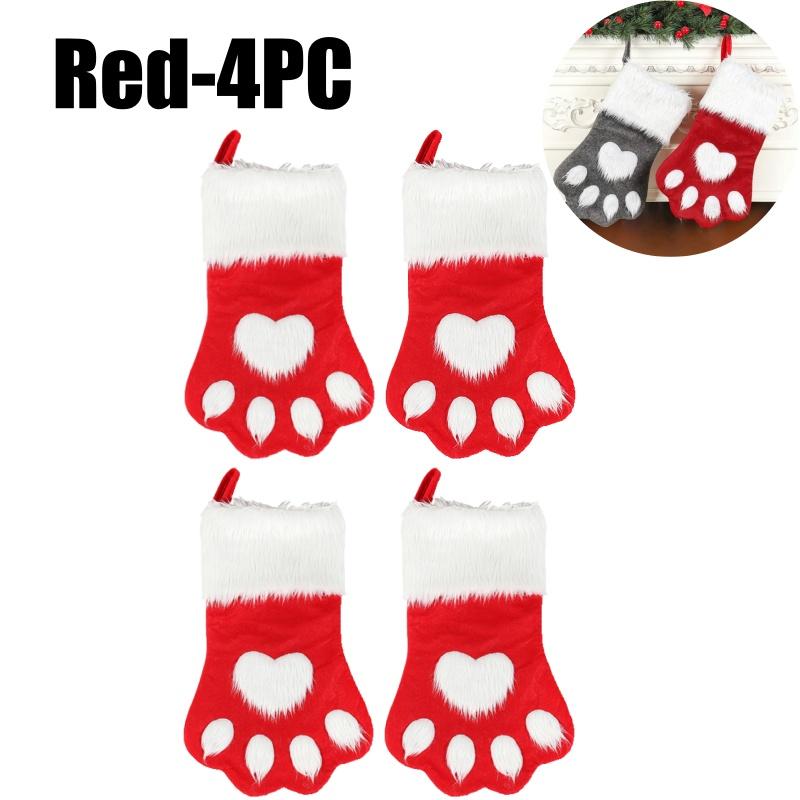Red Velvet Christmas Stockings with Dogs Paw Winter Fuzzy Gift Bag for Home Hanging Holiday Ornament Decor