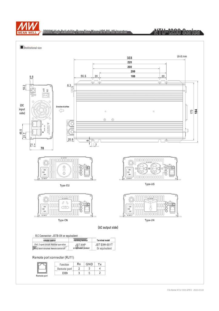 Mingwei 1200W Sine Wave Inverter - 212/224/248V to 220V UPS