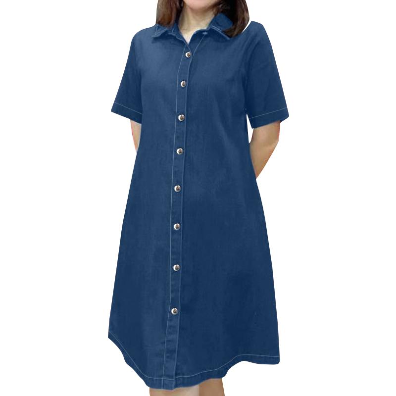 

ZANZEA Женское повседневное однотонное платье-рубашка с отложным воротником и коротким рукавом 2XL темно-синий
