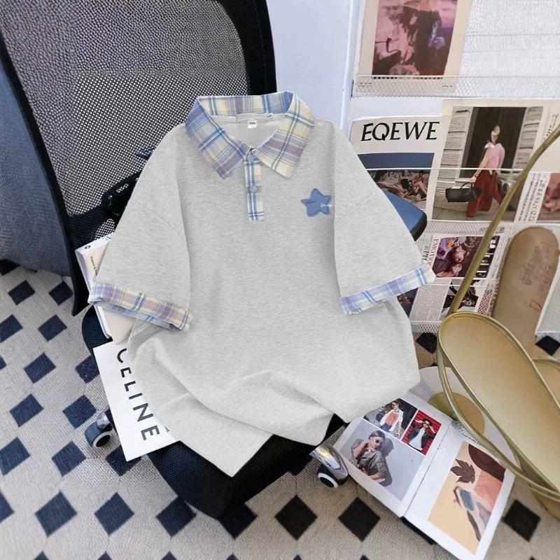 Niche summer American fashion shoulder sleeve polo collar short sleeve T-shirt men and women couples plaid ins top